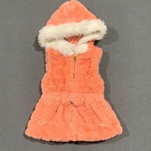 Little Lass Coral Faux Fur Hooded Vest Sequins Baby Girls 18M